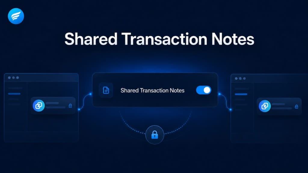 Shared Transaction Notes toggle switched on, with an encrypted note syncing between two devices that hold the same wallet