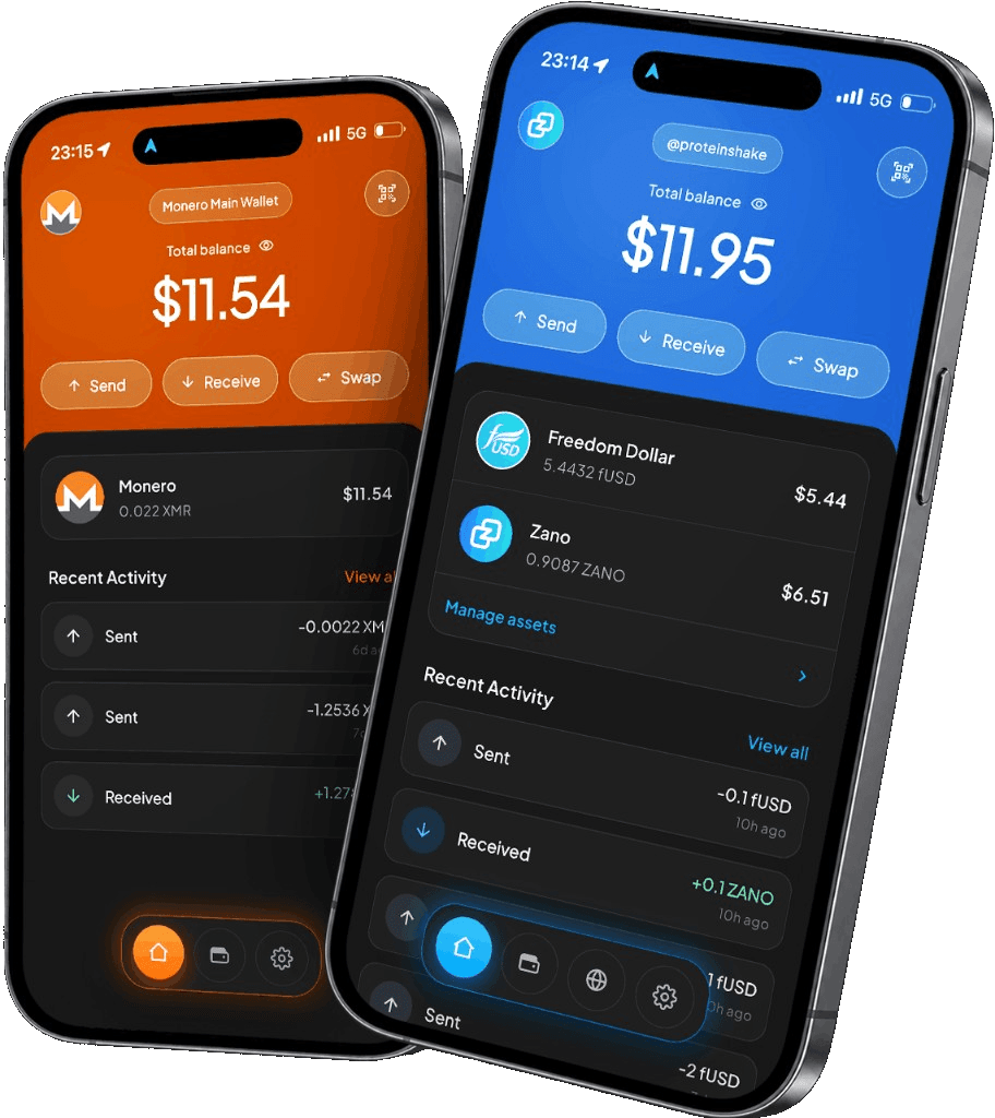 Freedom Wallet on two iPhones, showing the Monero wallet and a wallet holding Freedom Dollar and Zano