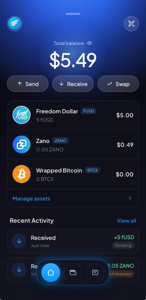 Freedom Wallet balance screen with Send, Receive and Swap controls, asset balances and recent activity