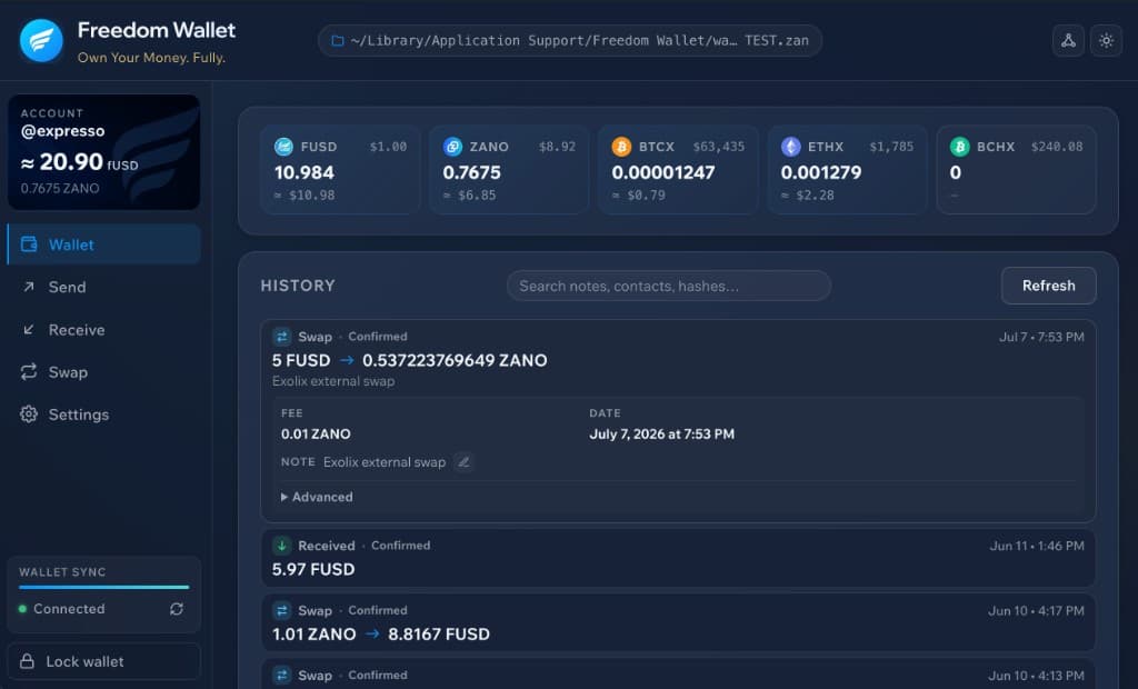 Freedom Wallet desktop dashboard with balances and transaction history