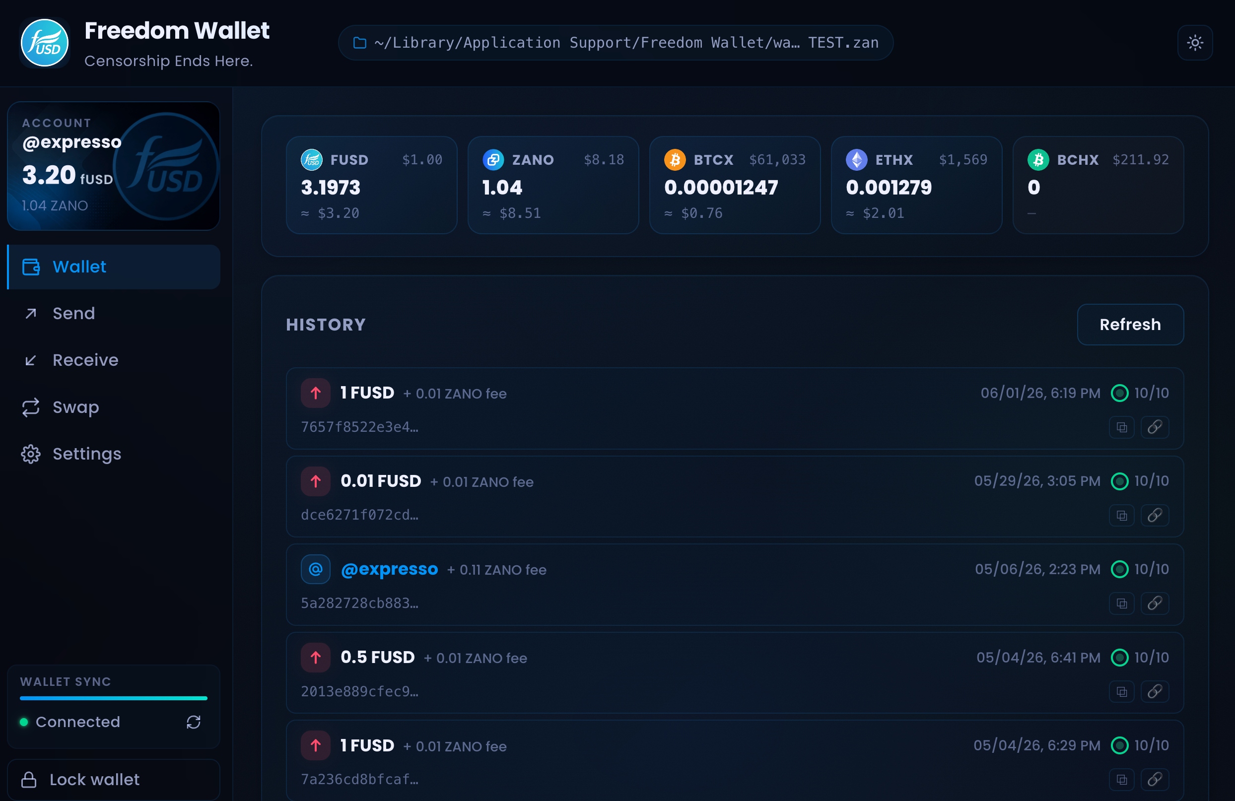 Freedom Wallet dashboard showing balances and transaction history