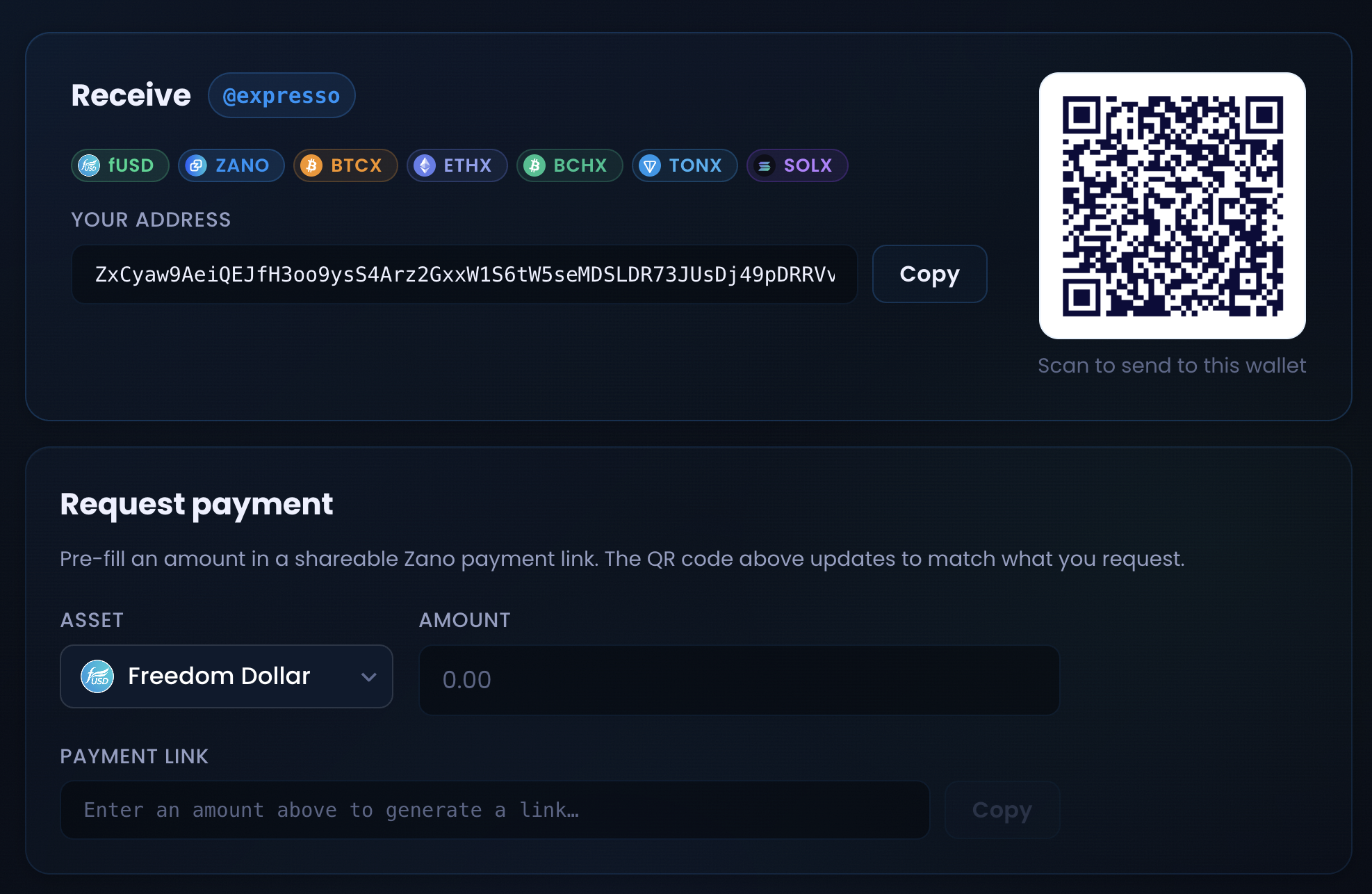 Freedom Wallet receive screen with QR code and payment request