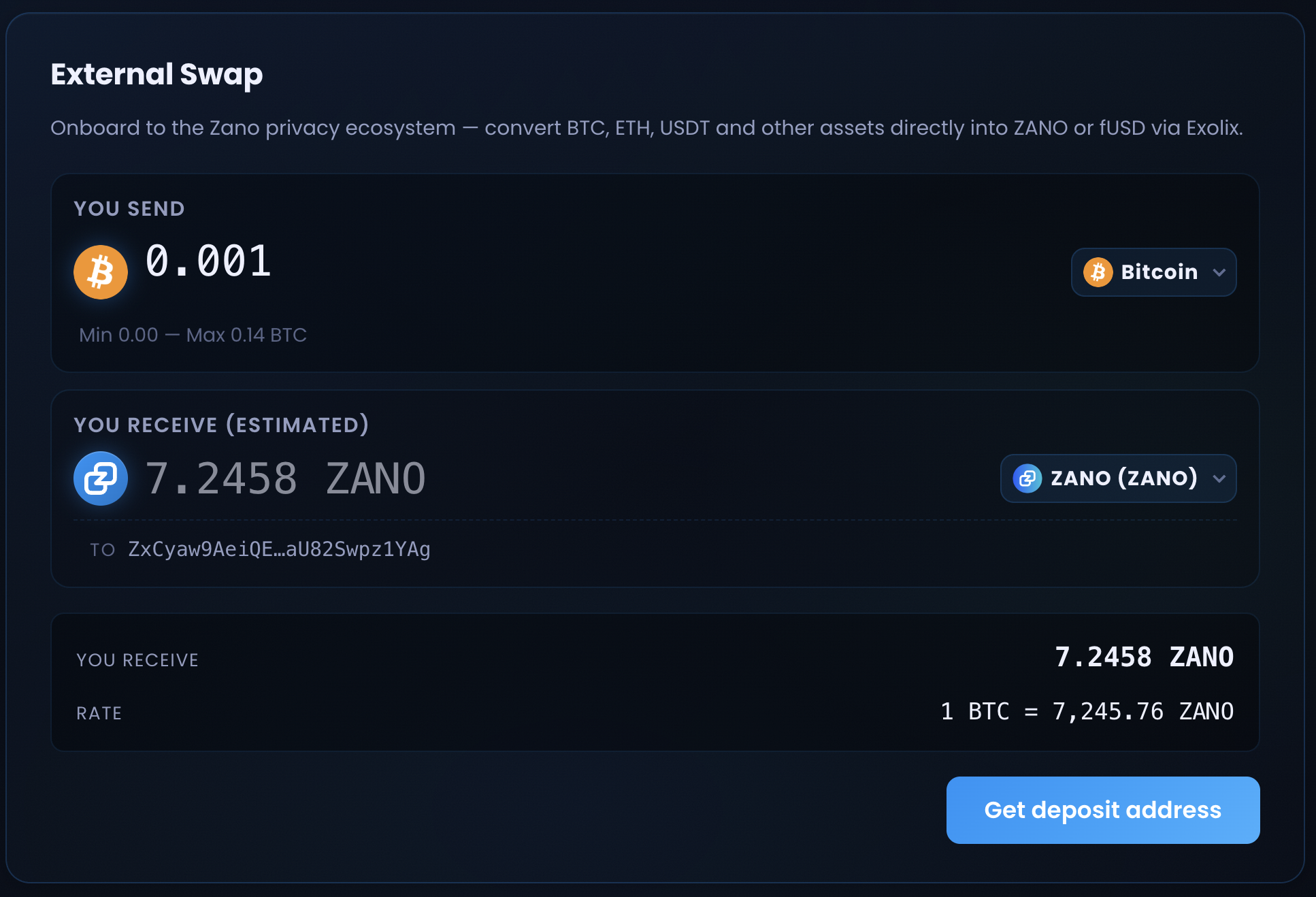 Freedom Wallet external swap converting Bitcoin into ZANO